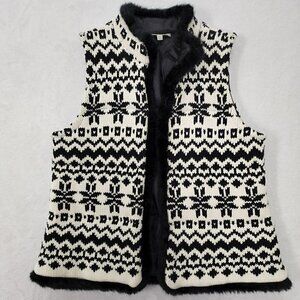 Talbots Black & White Faux Fur Chunky Knit Open Front Vest M